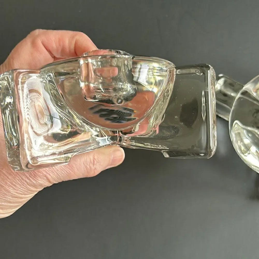 Vintage Heavy Clear Glass 3 Footed Round Candle Holders Set of 2 Art Deco Style